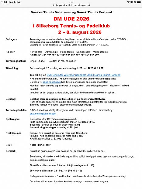 Veteran-DM 2026: 2. - 8. august i Silkeborg TK - RTK